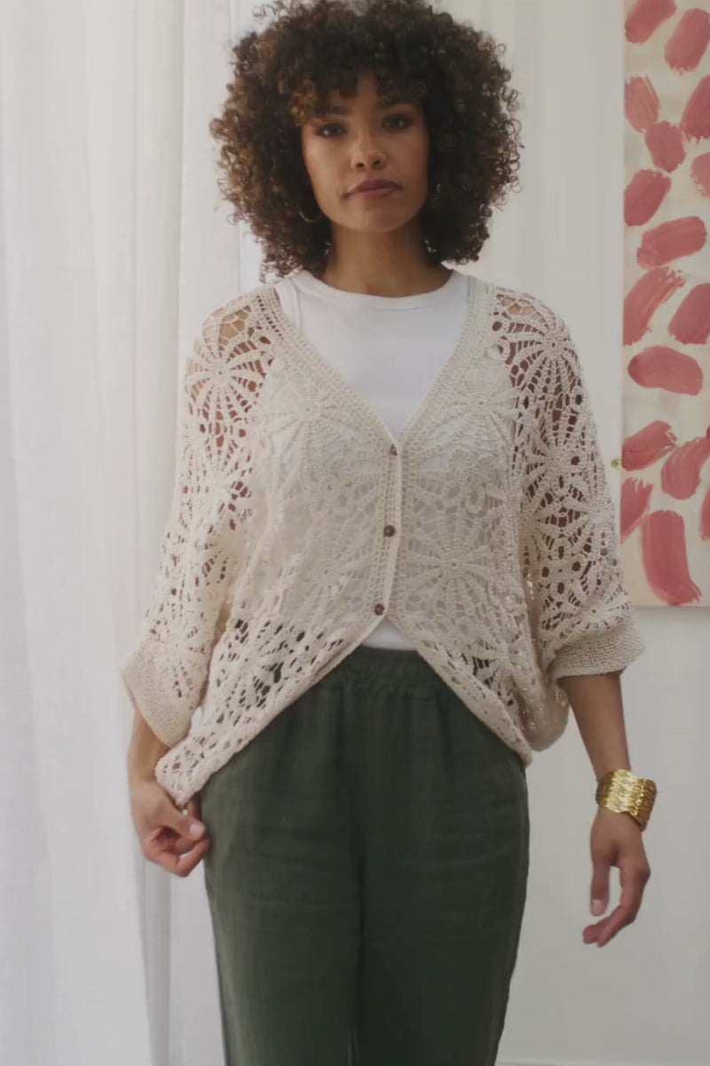Beige | Floral Crochet Mesh Textured Cardigan : Model is 5'8"/172 cm and wears UK8/EU36/US4/AUS8