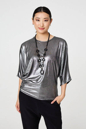 Silver | Metallic 3/4 Batwing Sleeve Top : Model is 5'9