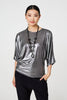 Silver | Metallic 3/4 Batwing Sleeve Top : Model is 5'9