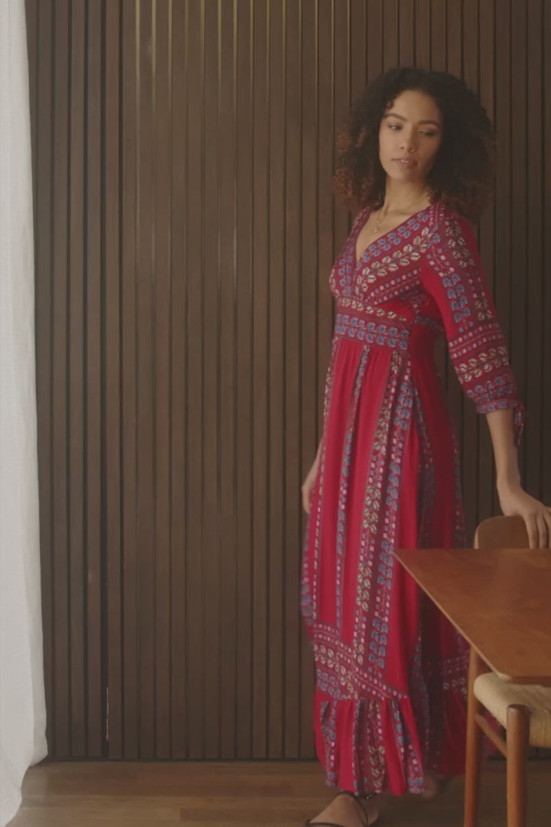 Red | Boho Print 3/4 Sleeve Maxi Dress