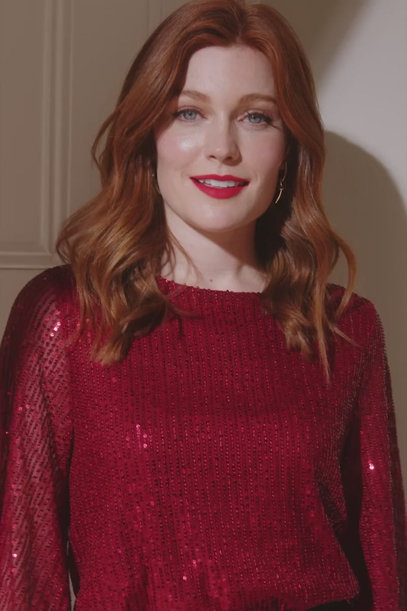 Burgundy | Sequin 3/4 Sleeve Longline Top