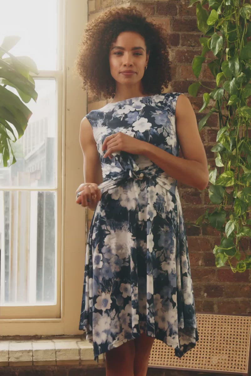Navy | Floral Knot Front Skater Dress