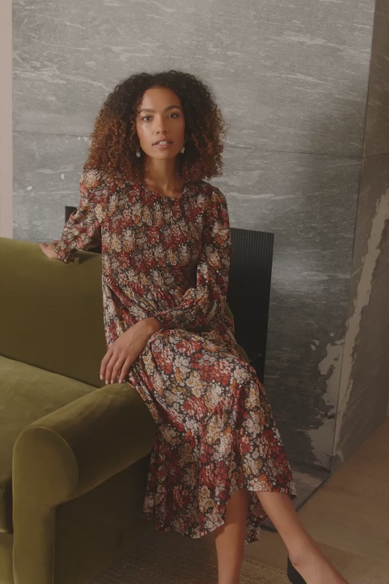 Rust | Vintage Floral Smocked Midi Dress