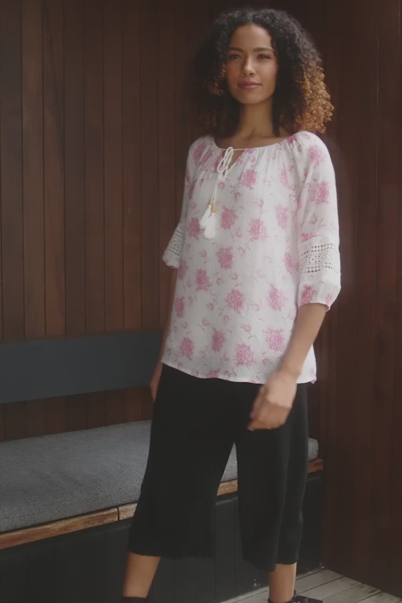 Pink | Floral Lace Trim Peasant Top