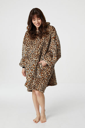 Beige | Leopard Print Snuggle Blanket Hoodie