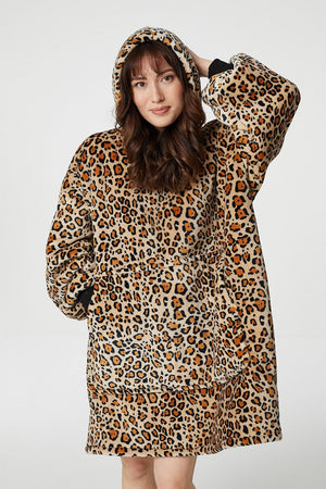 Beige | Leopard Print Snuggle Blanket Hoodie