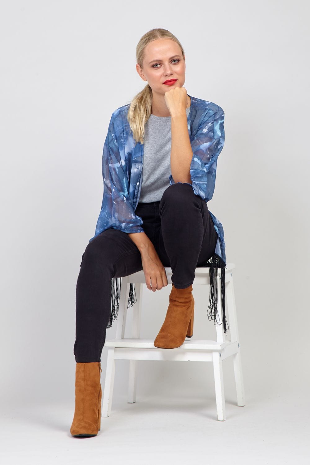 Blue | Tassel Trim Kimono