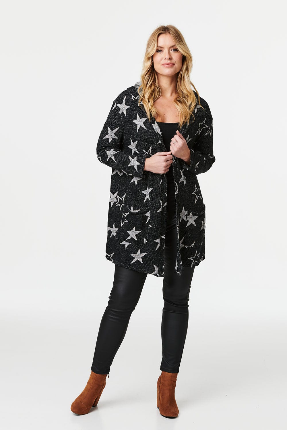Black | Star Print Open Front Cardigan