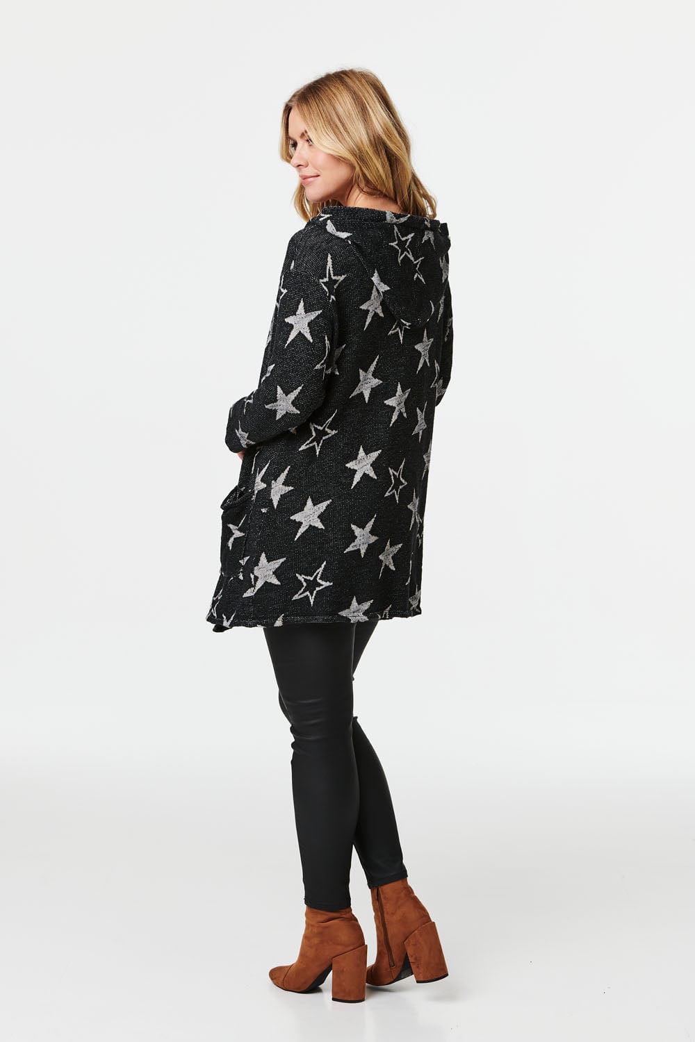 Black | Star Print Open Front Cardigan