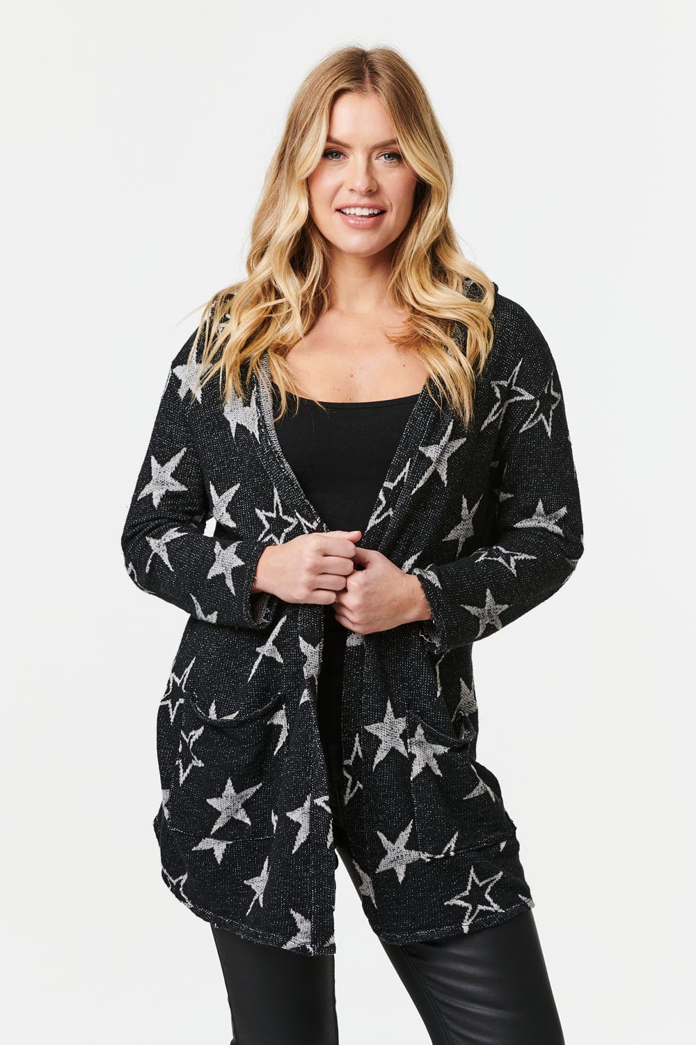 Black | Star Print Open Front Cardigan