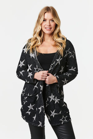 Black | Star Print Open Front Cardigan