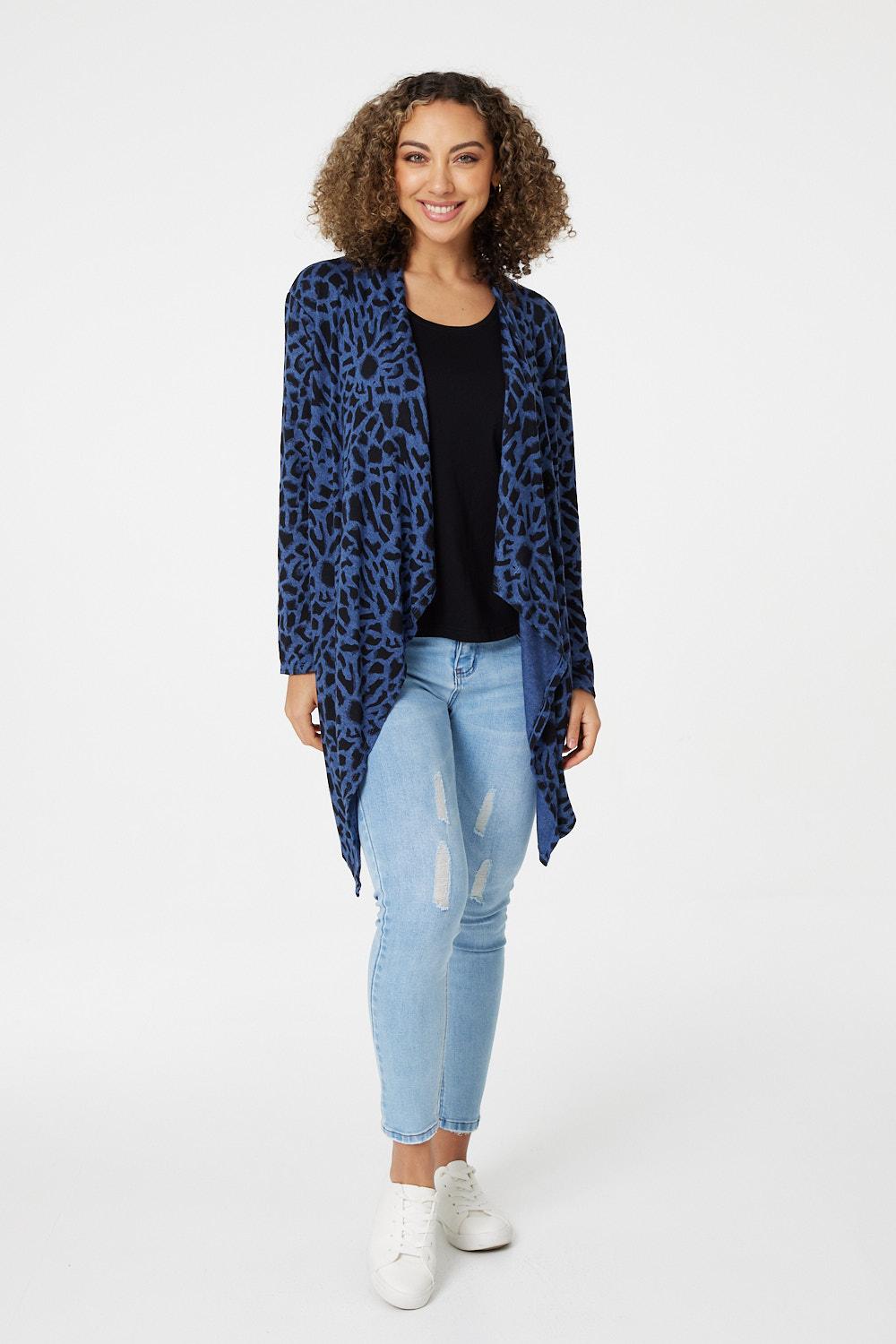 Blue | Leopard Print Open Front Cardigan