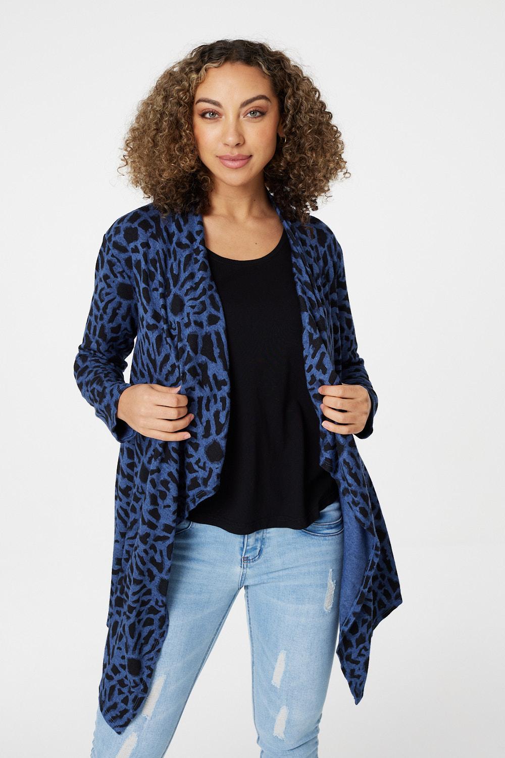 Blue | Leopard Print Open Front Cardigan