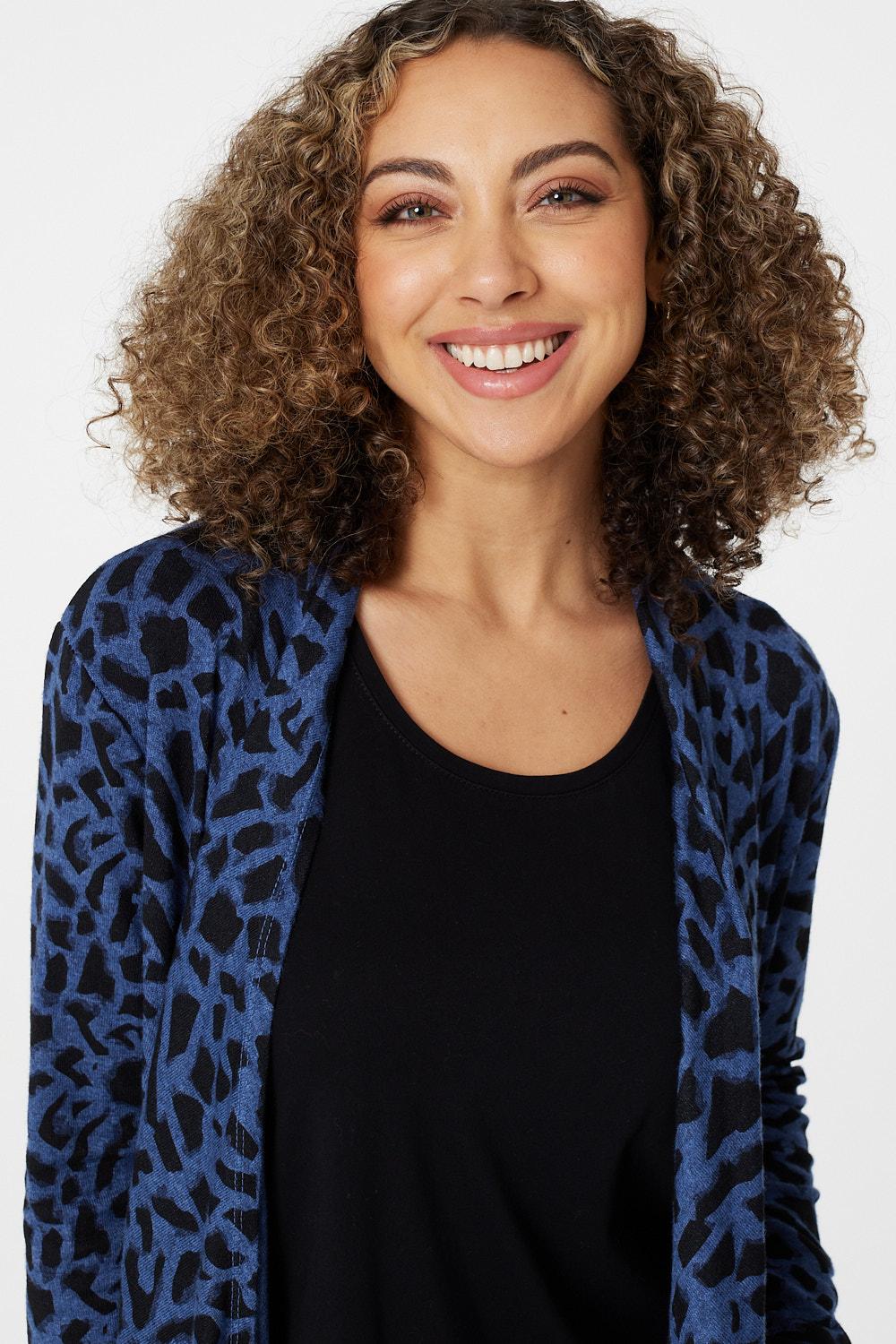 Blue | Leopard Print Open Front Cardigan