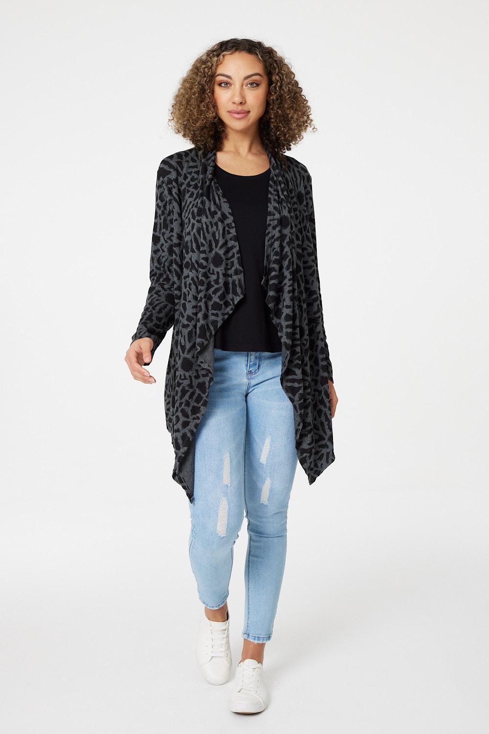 Grey | Leopard Print Open Front Cardigan