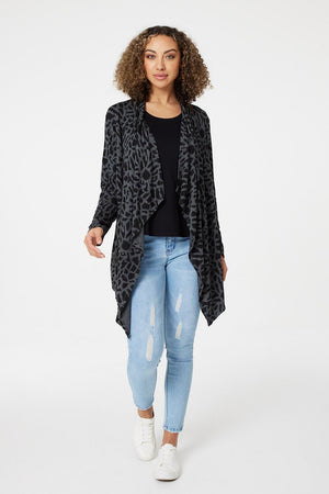 Grey | Leopard Print Open Front Cardigan