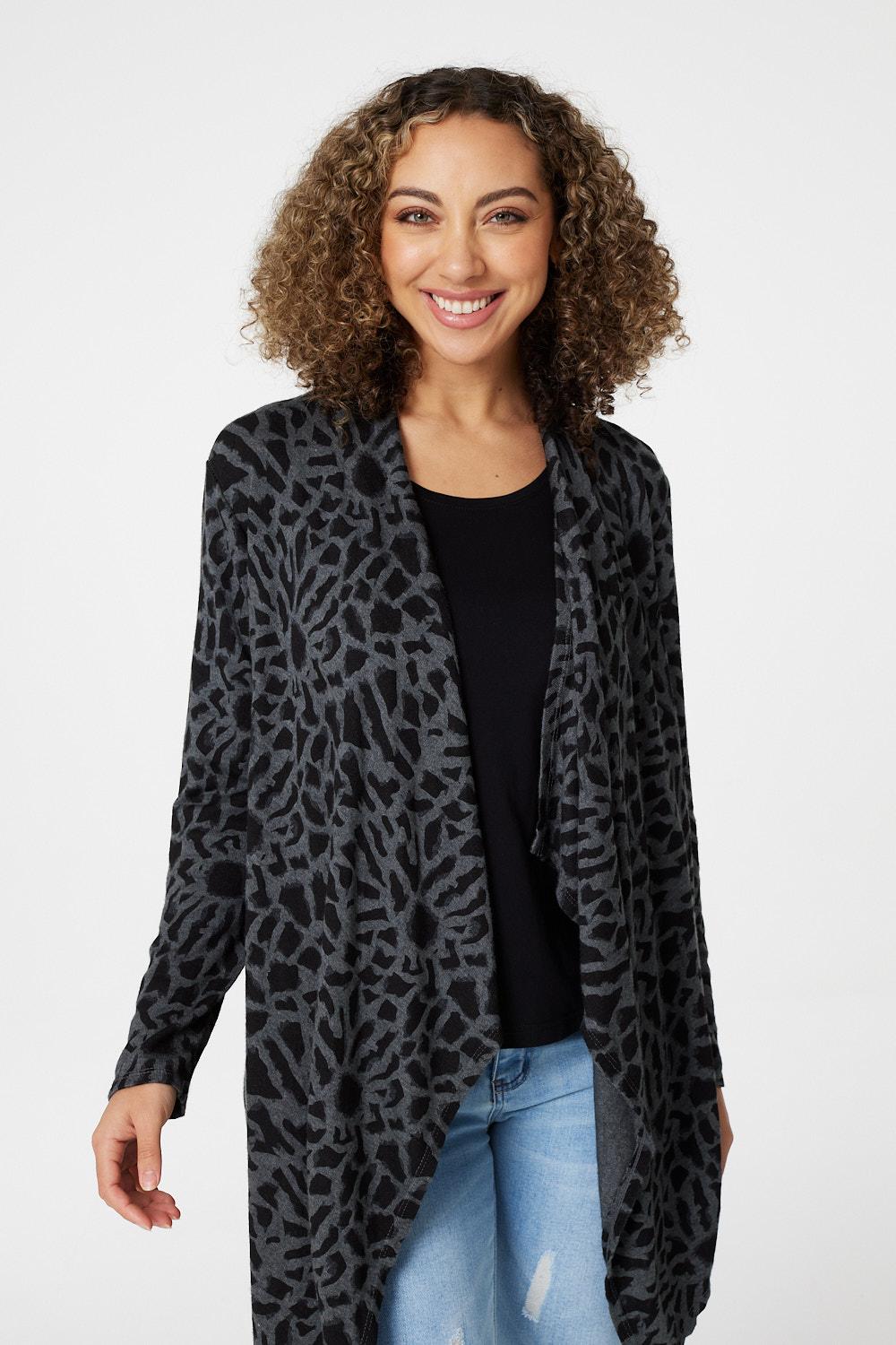 Grey | Leopard Print Open Front Cardigan