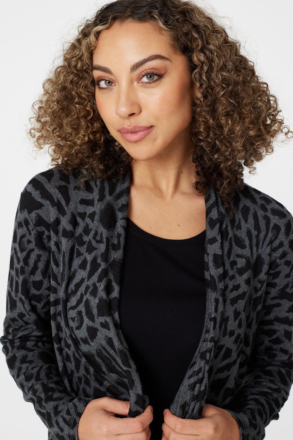 Grey | Leopard Print Open Front Cardigan