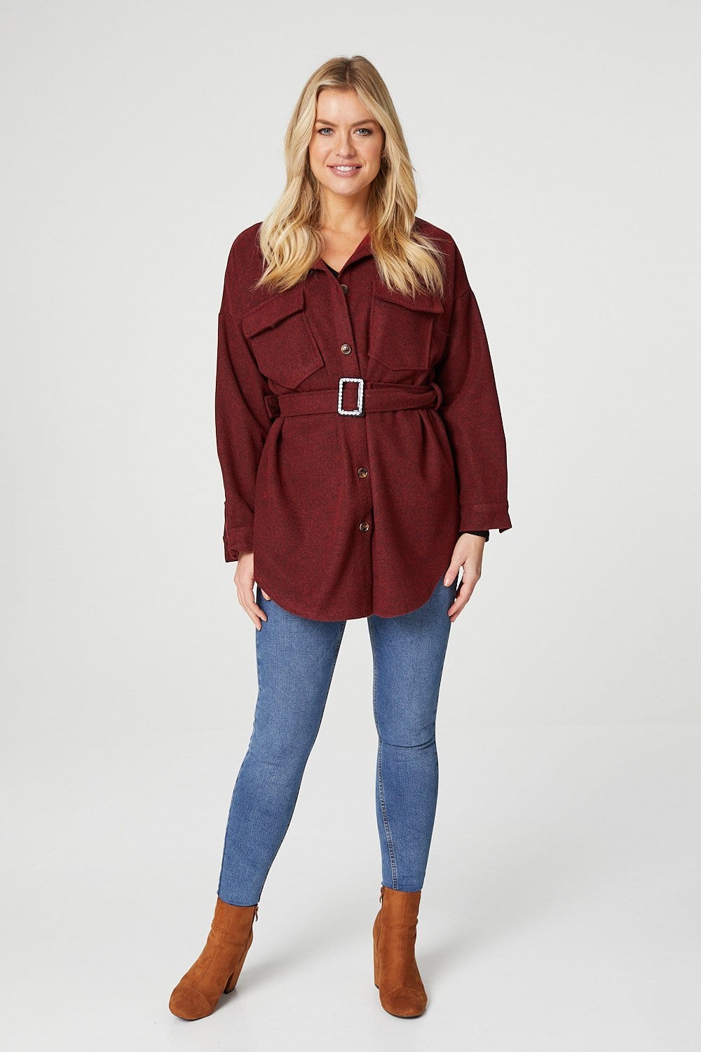 Red | Button Front Overshirt with Belt
