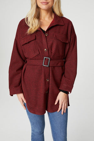 Red | Button Front Overshirt with Belt