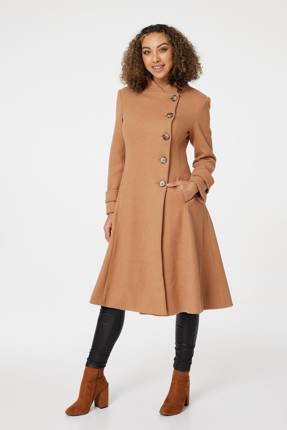 Brown | Button Front Funnel Neck Coat