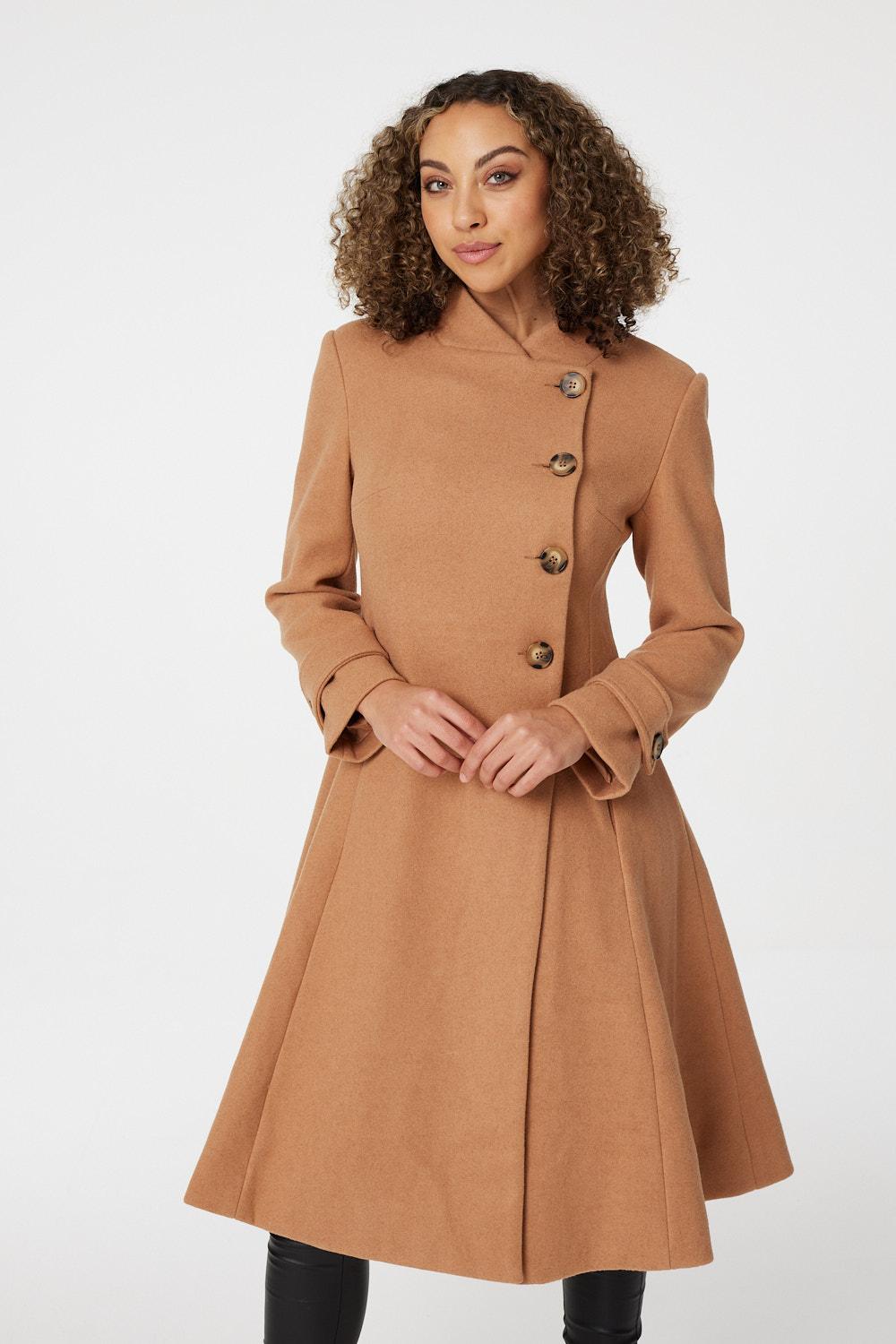 Brown | Button Front Funnel Neck Coat