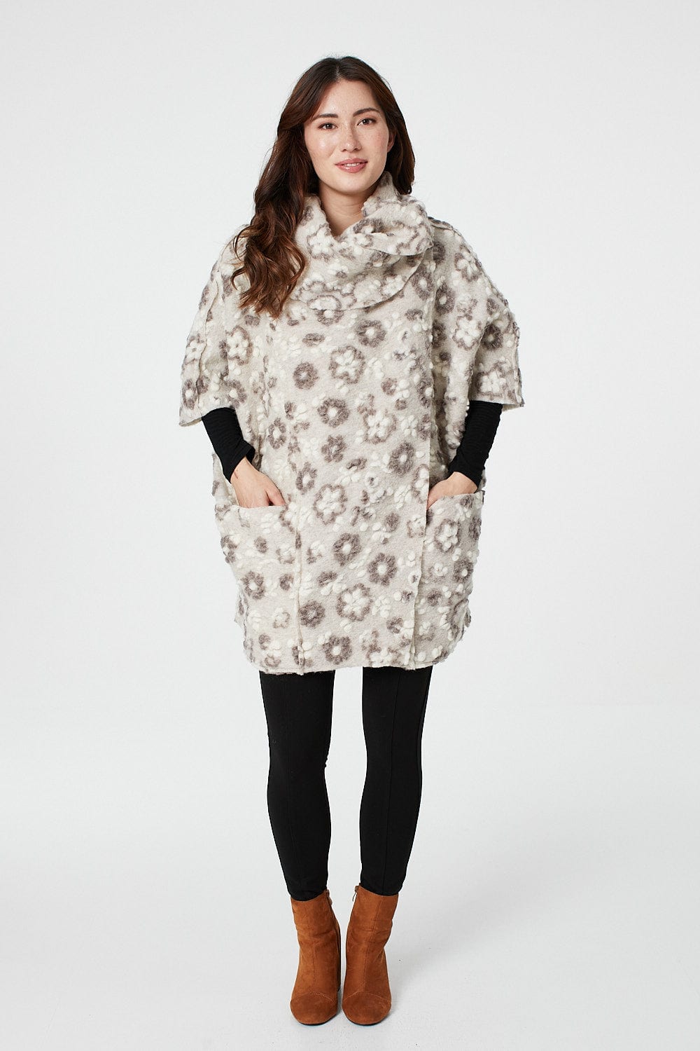 Beige | Floral Textured Cape Coat