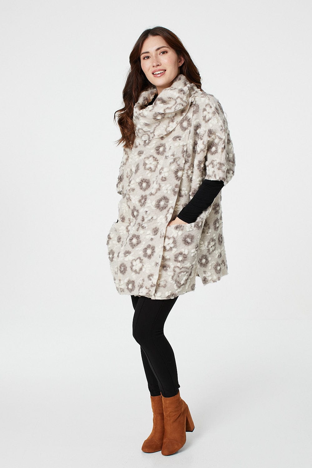 Beige | Floral Textured Cape Coat