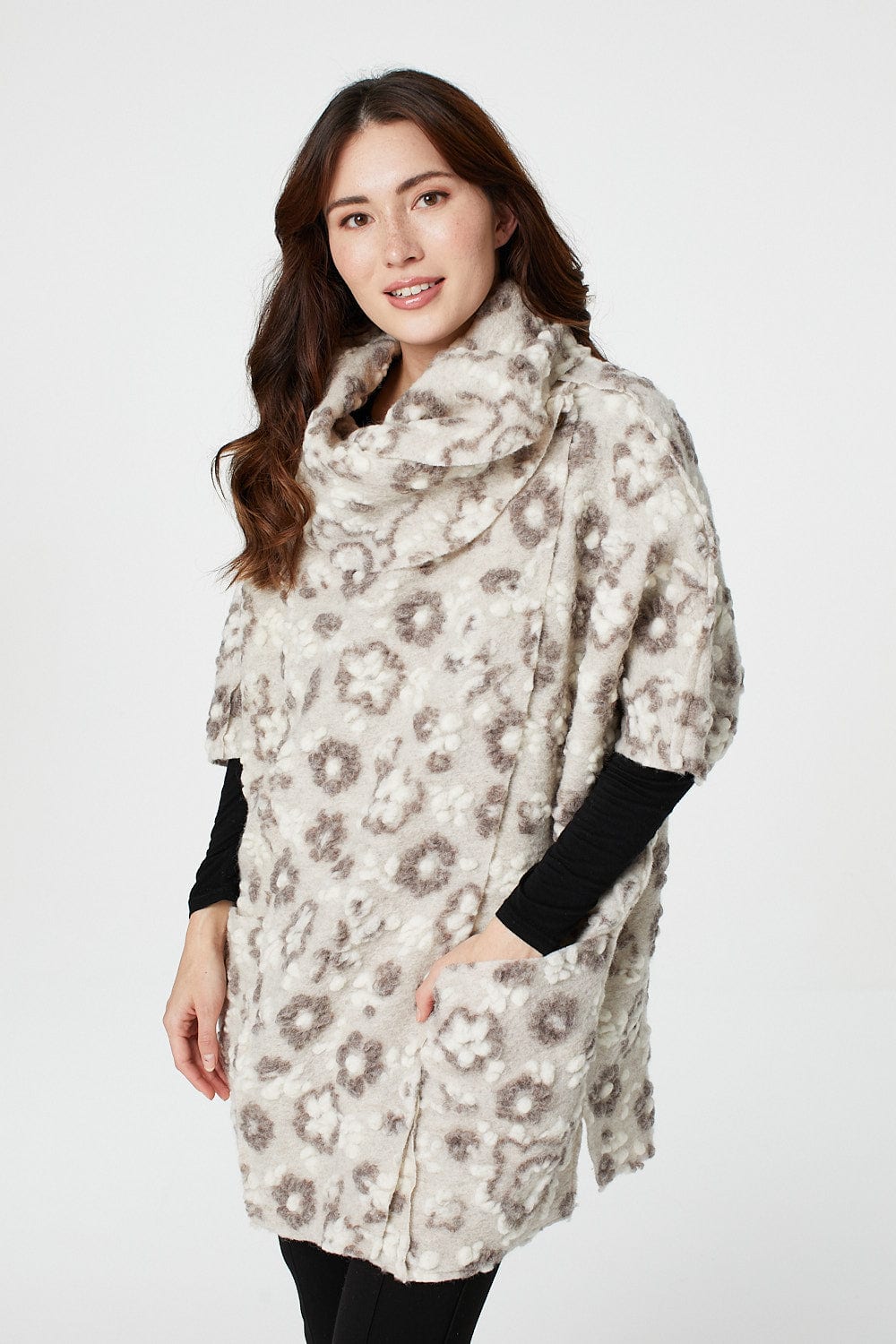 Beige | Floral Textured Cape Coat