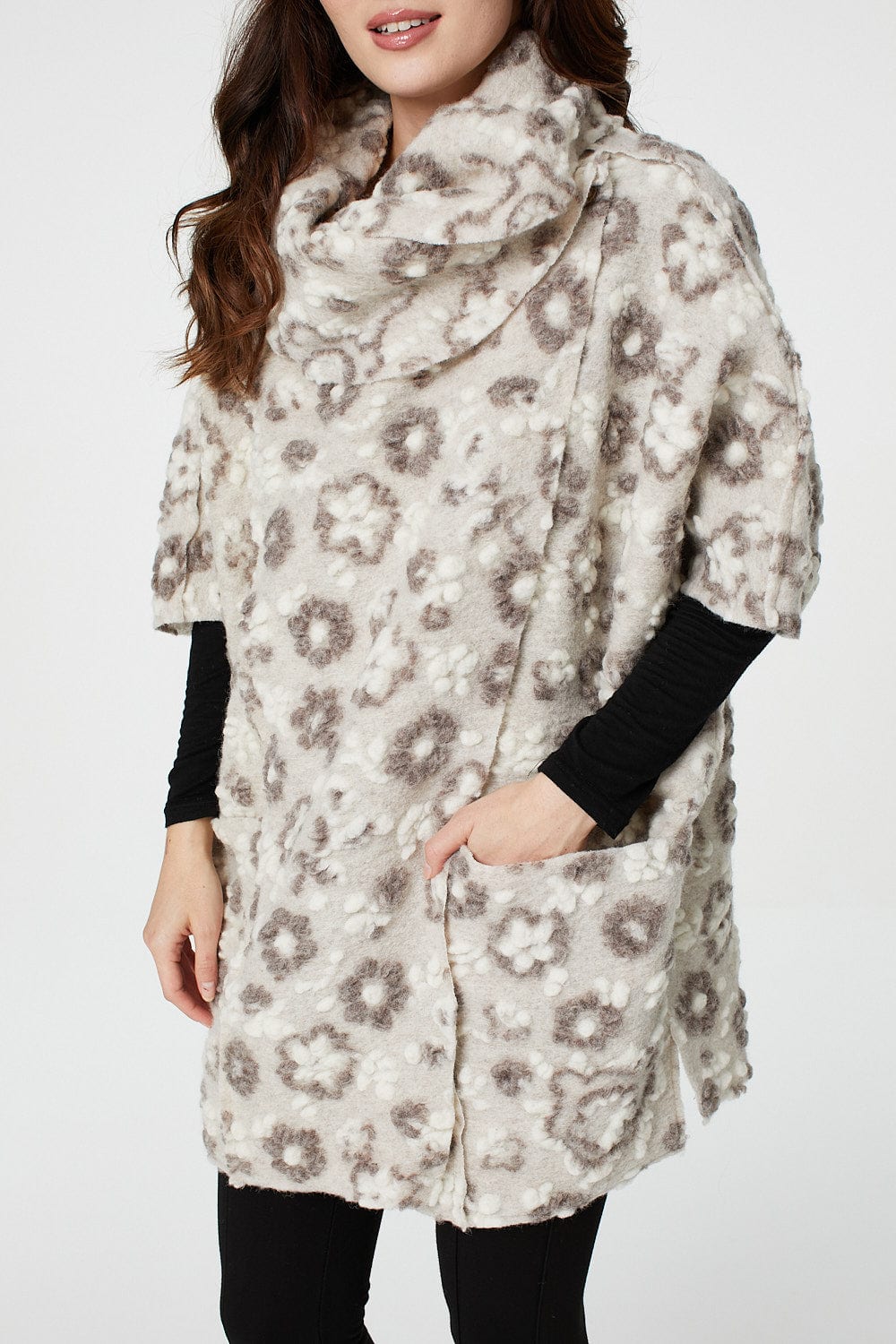 Beige | Floral Textured Cape Coat