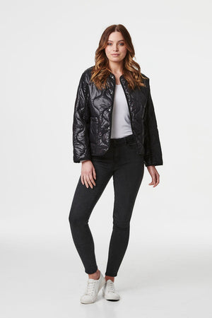 Black | Collarless Padded Long Sleeve Coat
