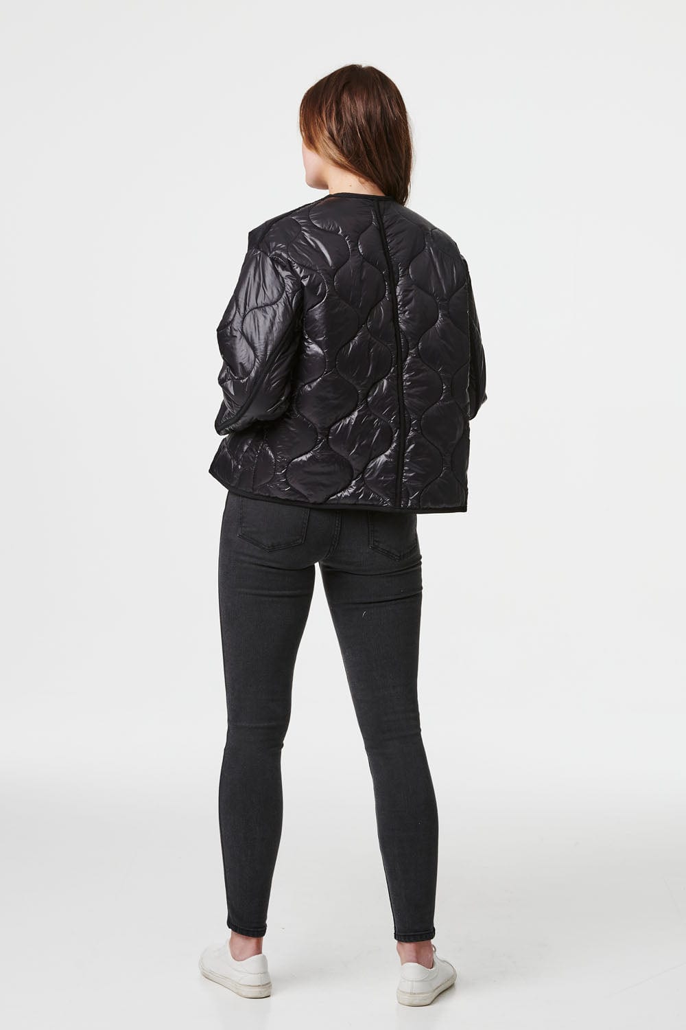 Black | Collarless Padded Long Sleeve Coat