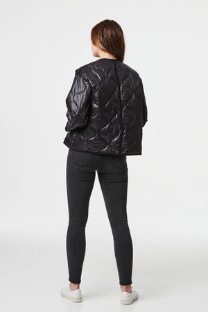 Black | Collarless Padded Long Sleeve Coat