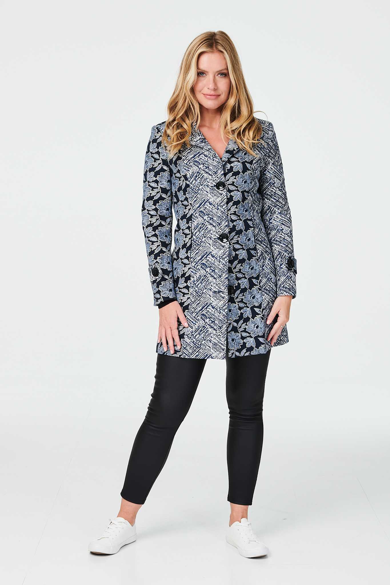 Navy | Floral Button Front Tailored Coat