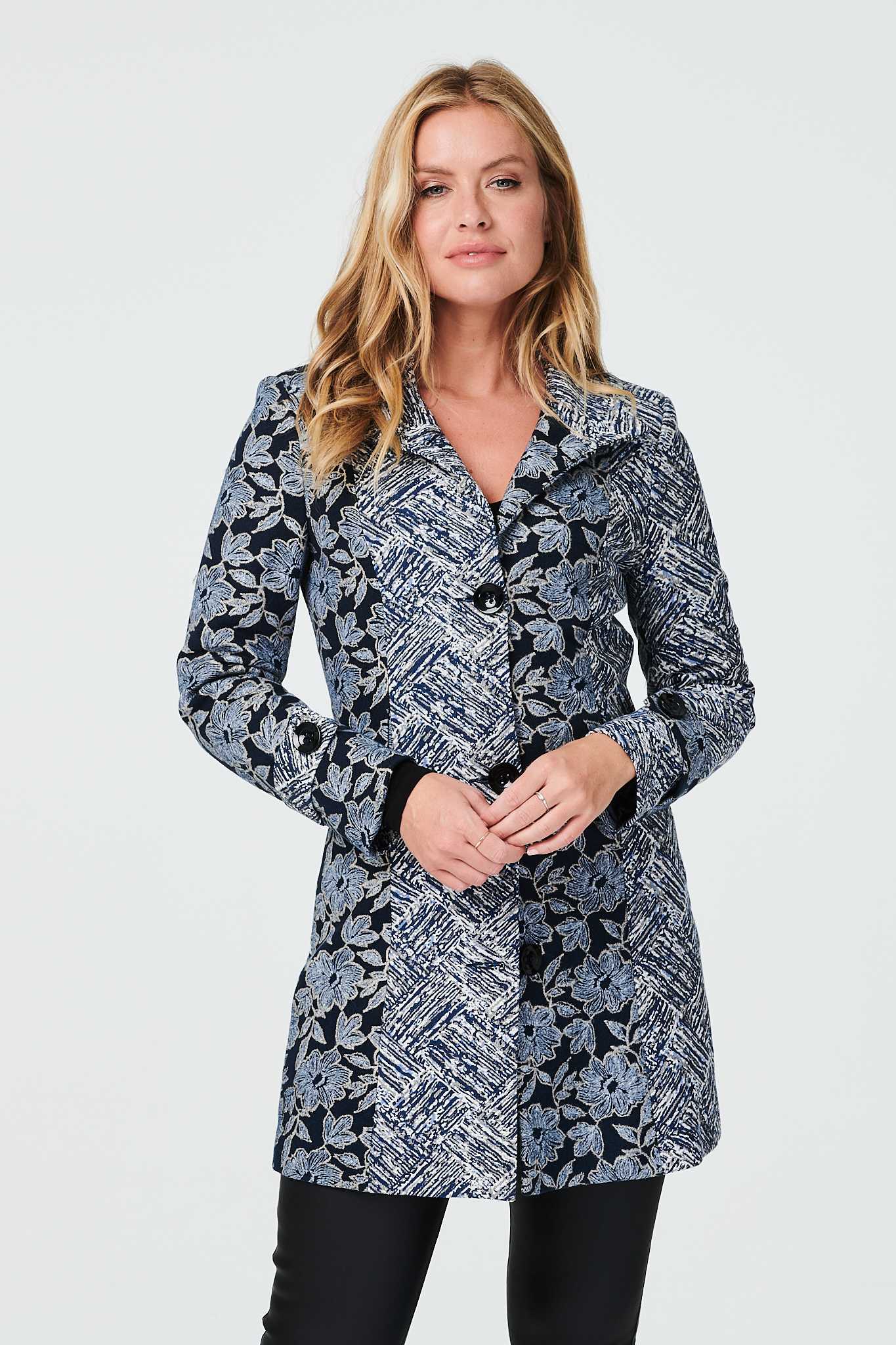 Navy | Floral Button Front Tailored Coat