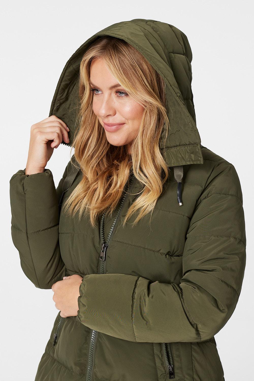 Green | Padded Longline Coat with Hood