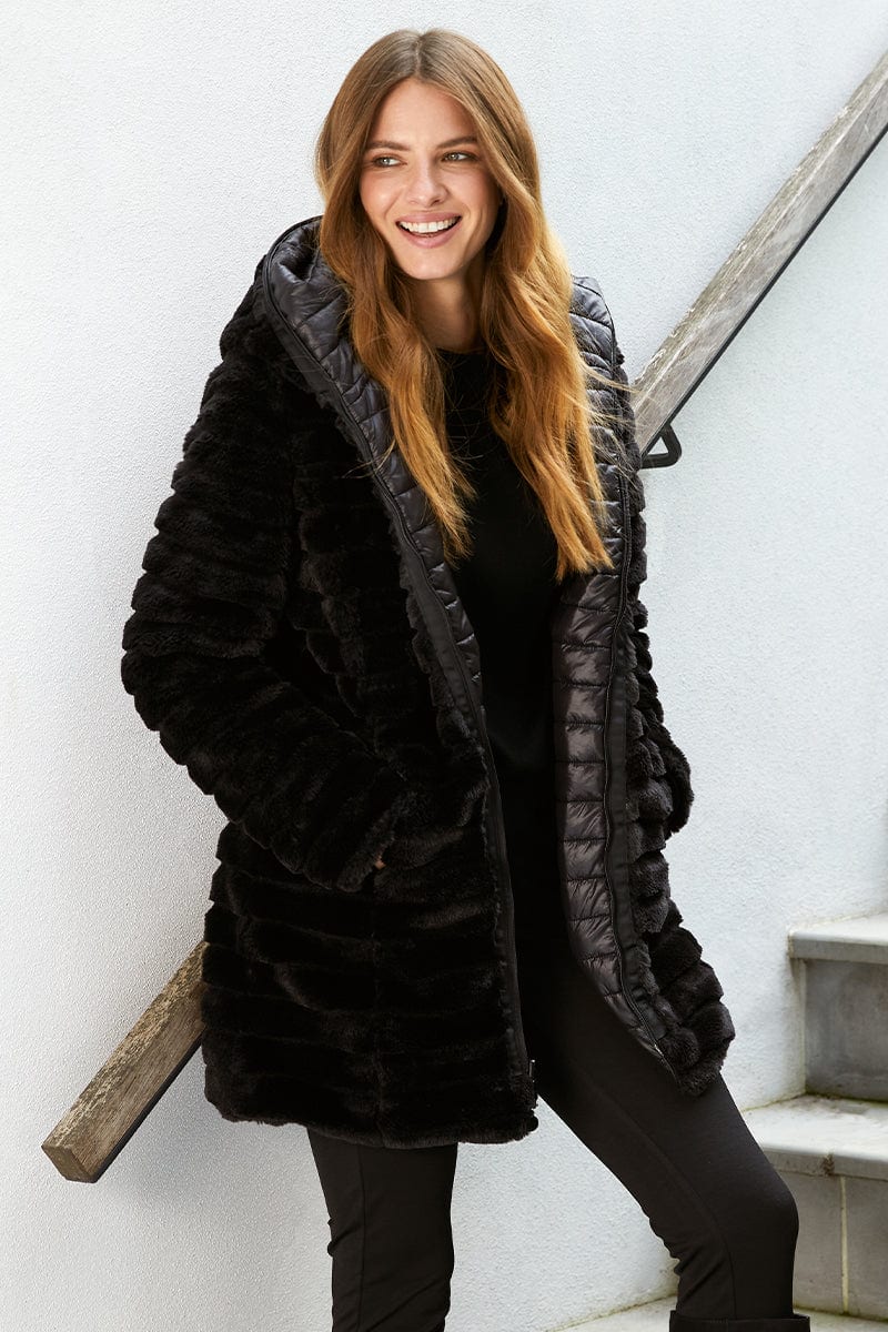 Black | Reversible Faux Fur Hooded Coat