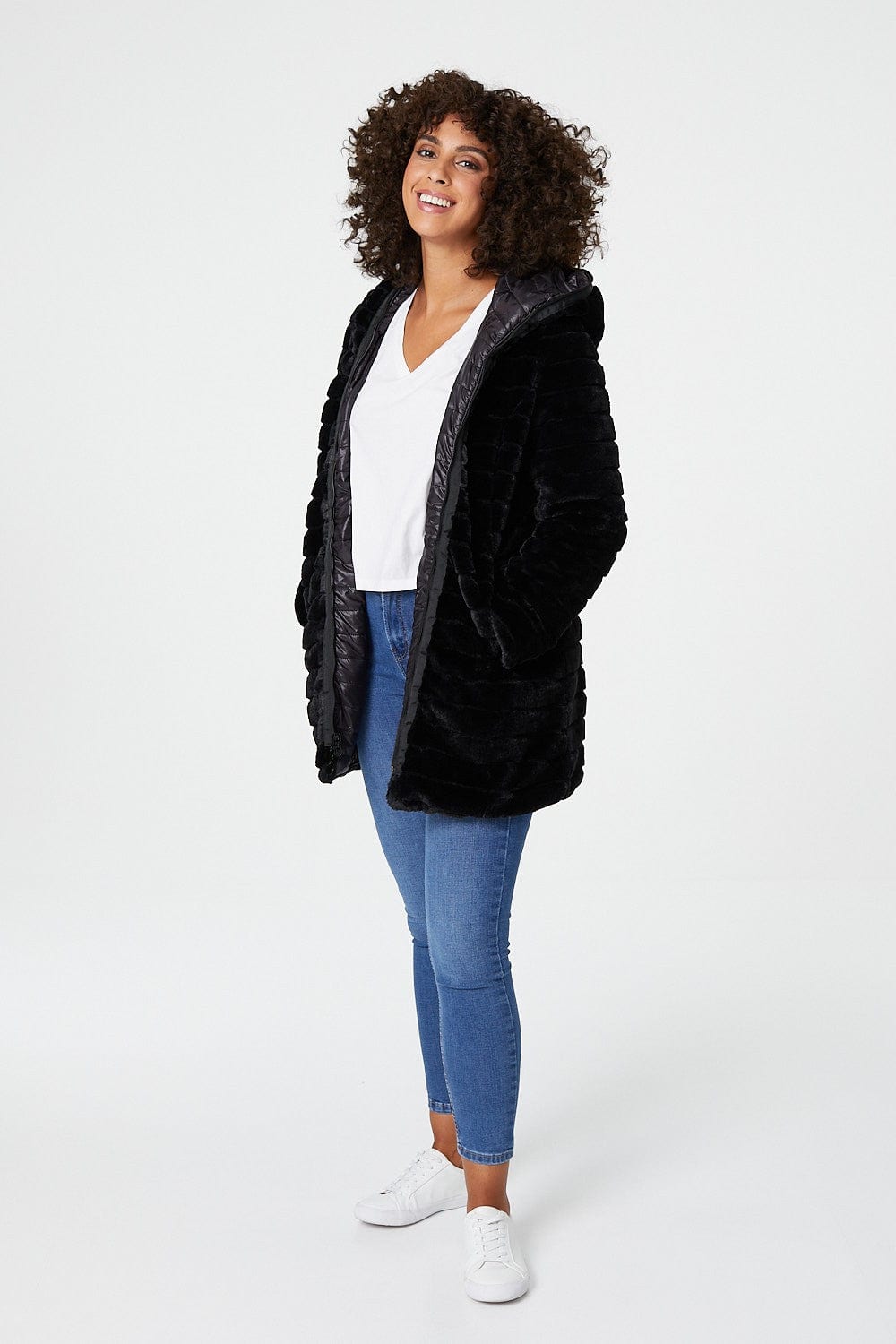 Black | Reversible Faux Fur Hooded Coat