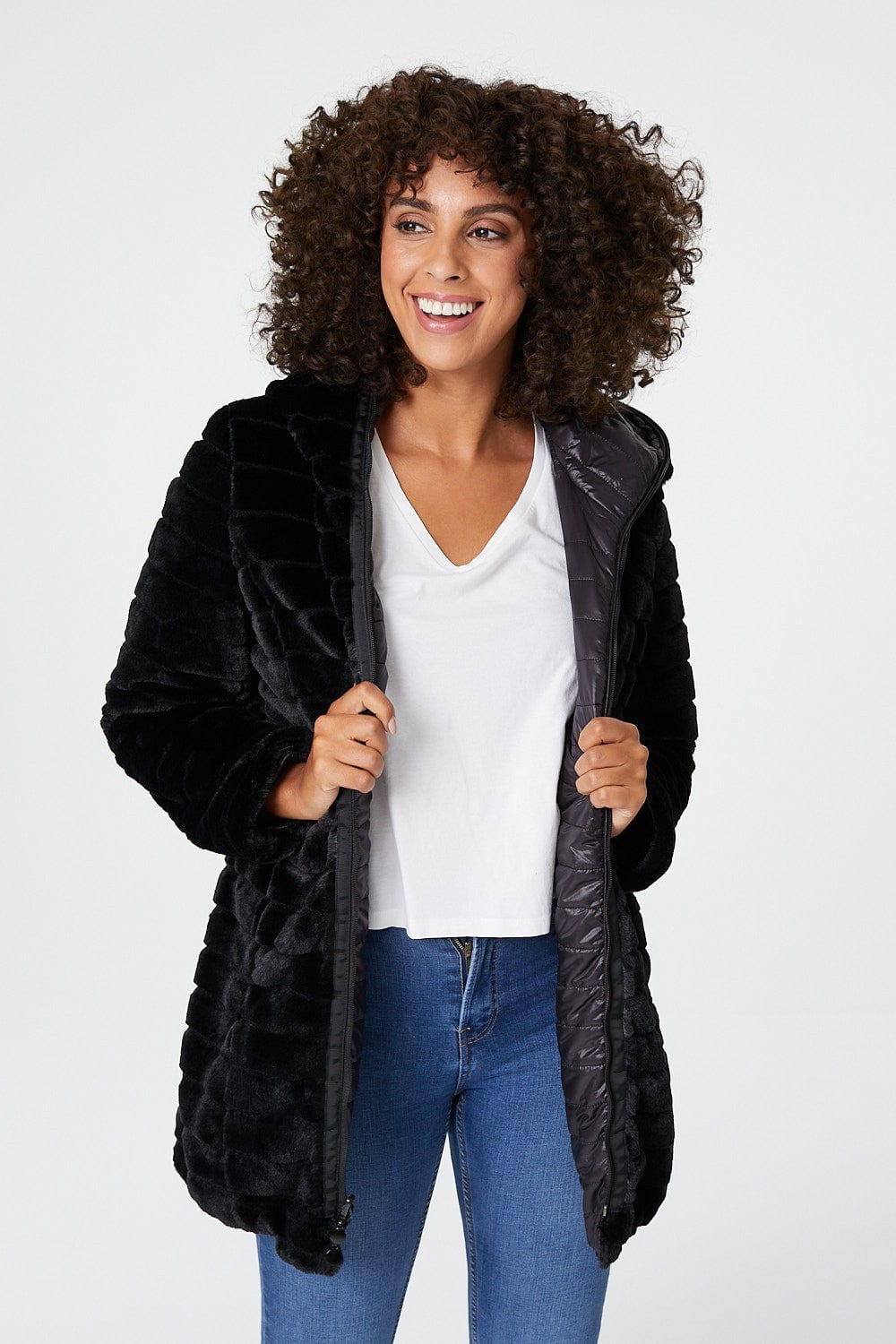Black | Reversible Faux Fur Hooded Coat
