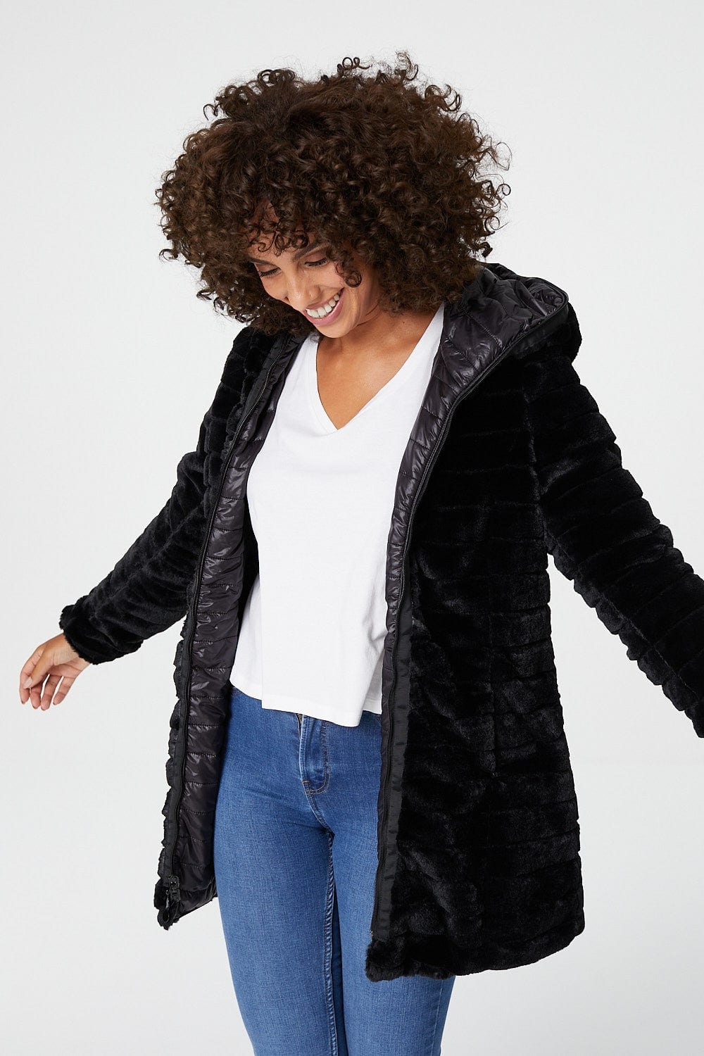 Black | Reversible Faux Fur Hooded Coat