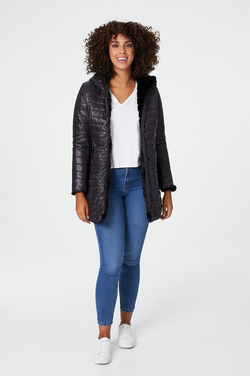 Black | Reversible Faux Fur Hooded Coat