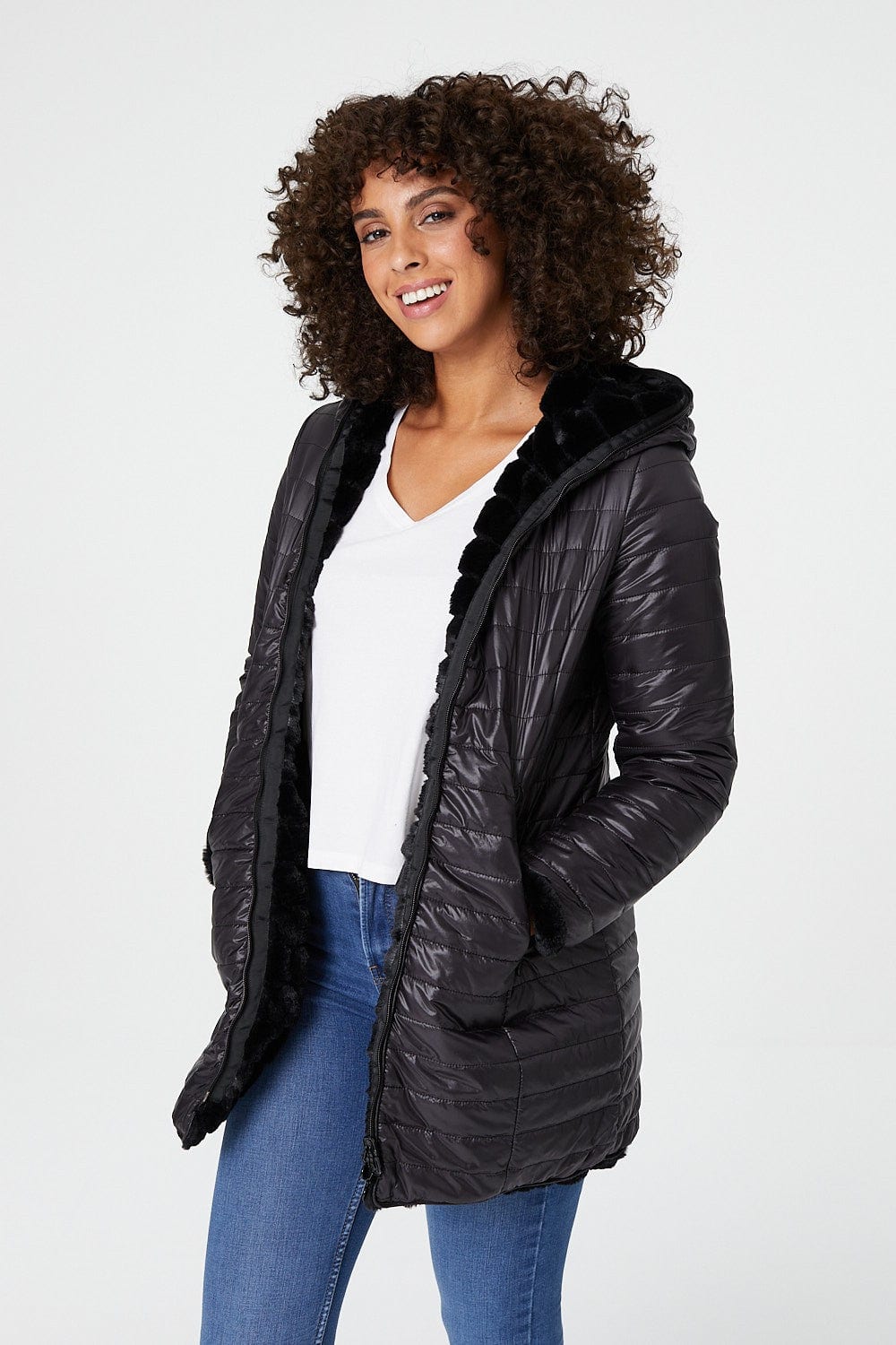 Black | Reversible Faux Fur Hooded Coat