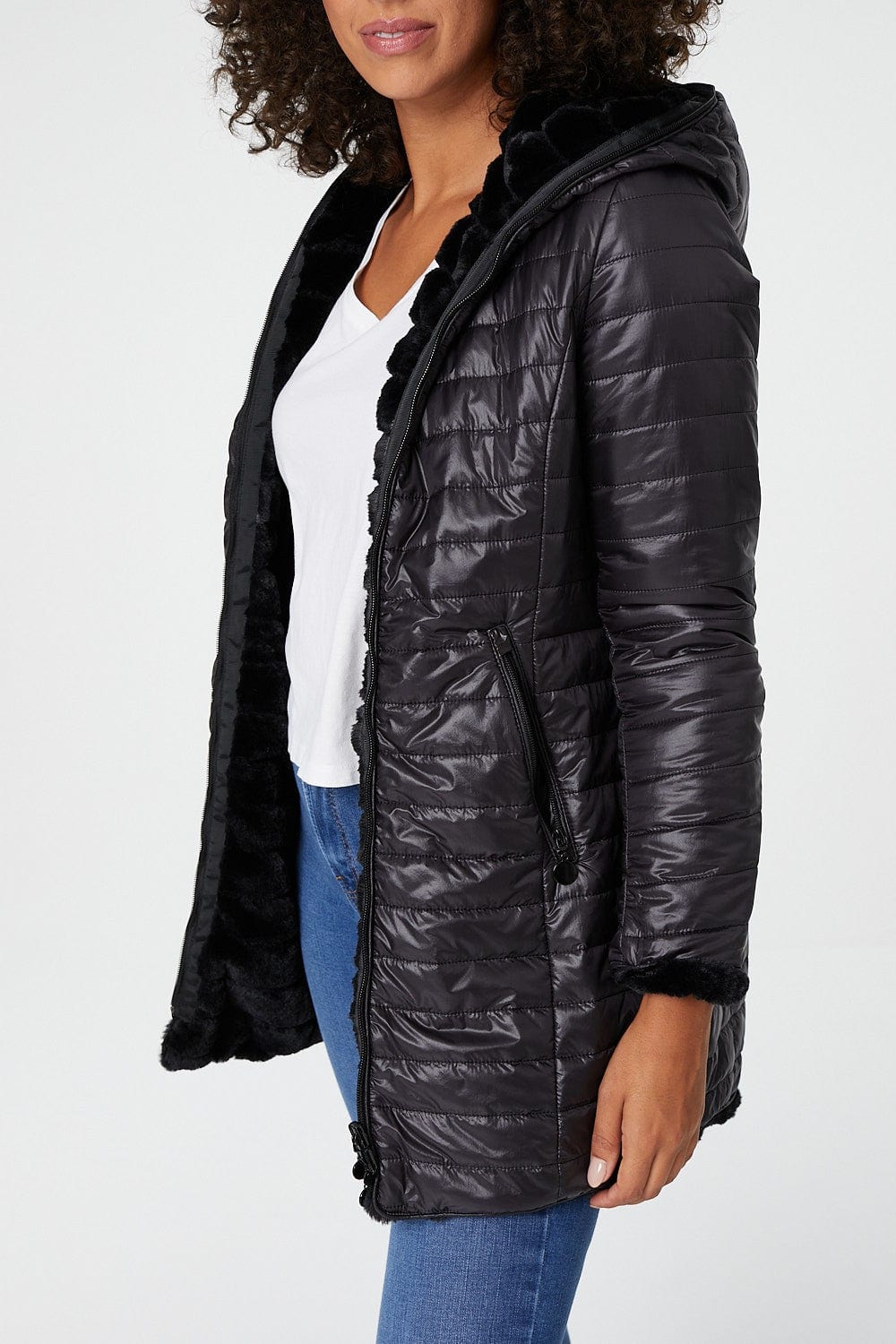 Black | Reversible Faux Fur Hooded Coat