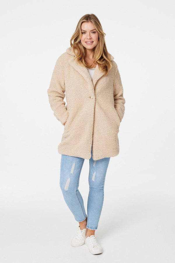 Beige | Teddy Faux Fur Relaxed Coat : Model is 5'10"/178 cm and wears UK8/EU36/US4/AUS8