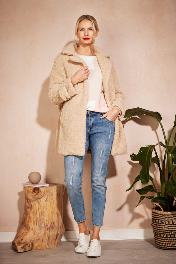 Beige | Teddy Faux Fur Relaxed Coat : Model is 5'10"/178 cm and wears UK10/EU38/US6/AUS10