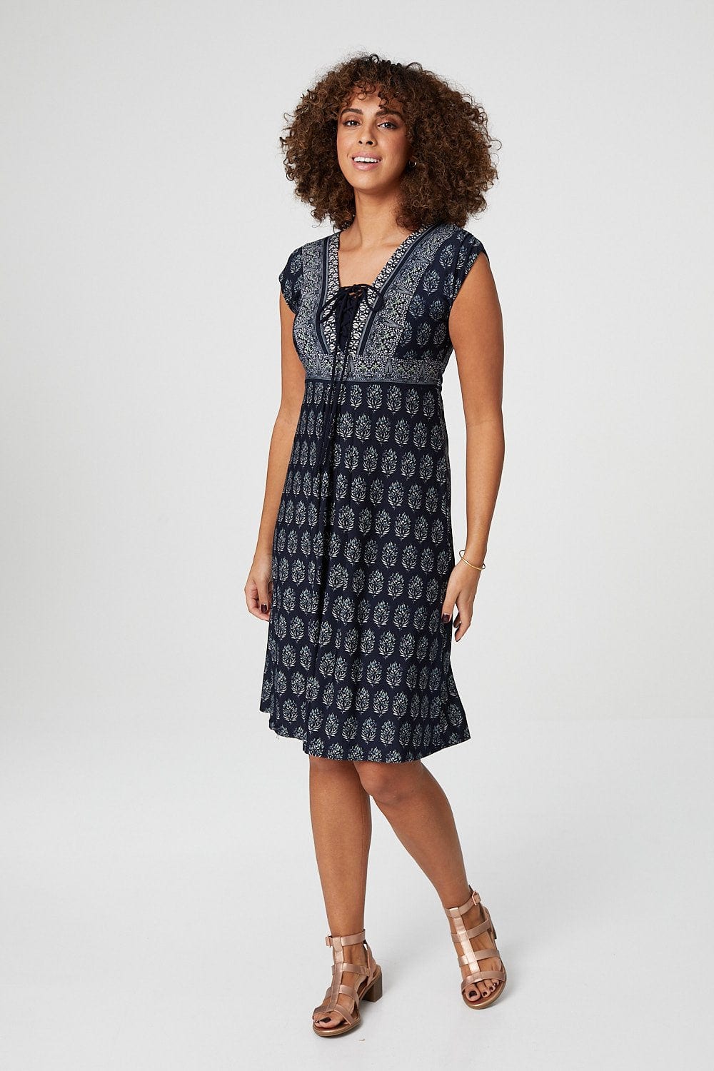 Navy | Floral Tie Front Cap Sleeve Dress
