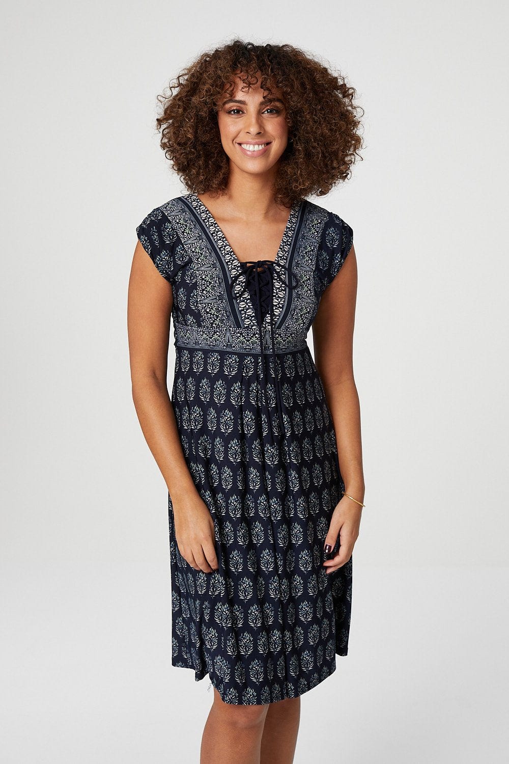 Navy | Floral Tie Front Cap Sleeve Dress