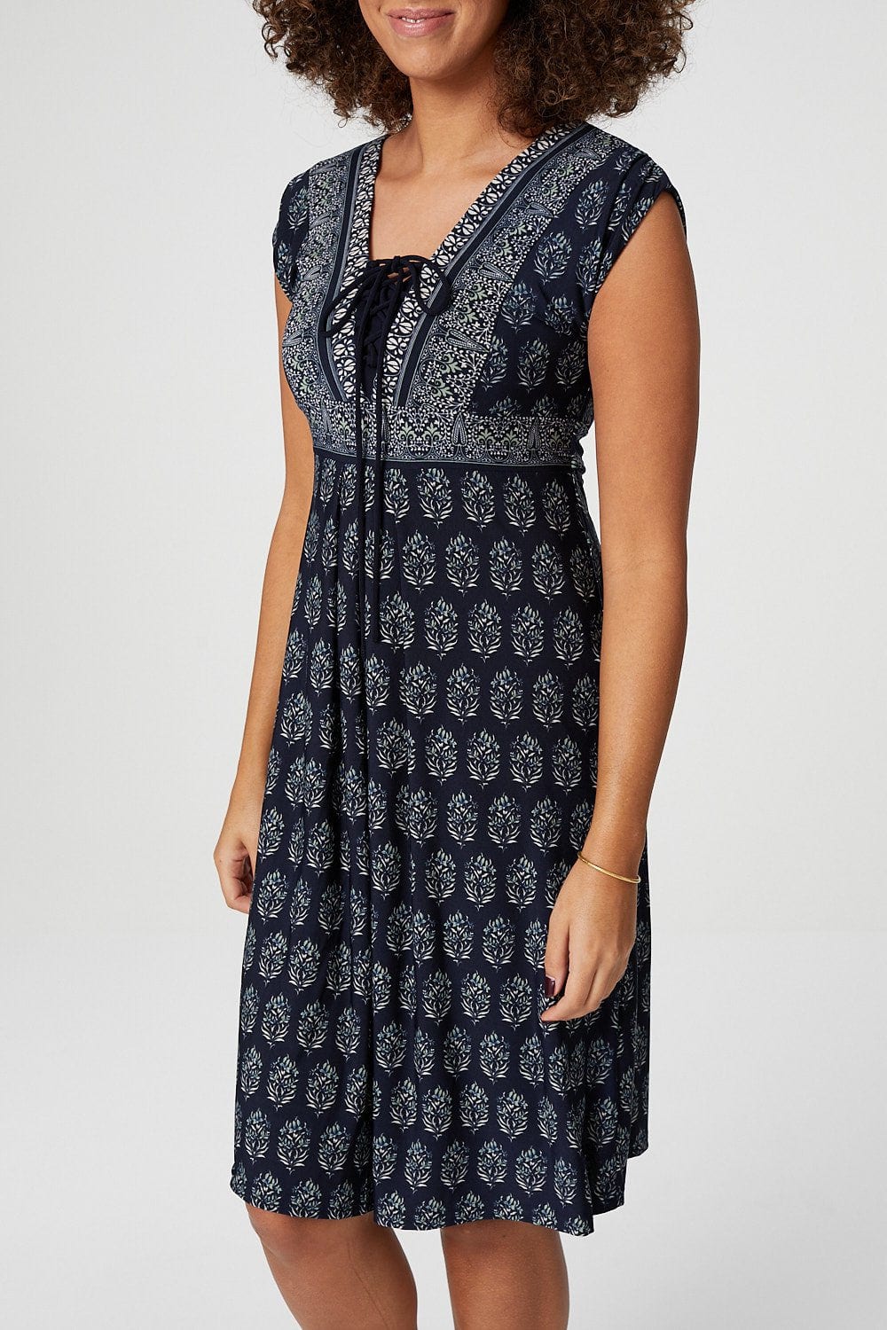 Navy | Floral Tie Front Cap Sleeve Dress