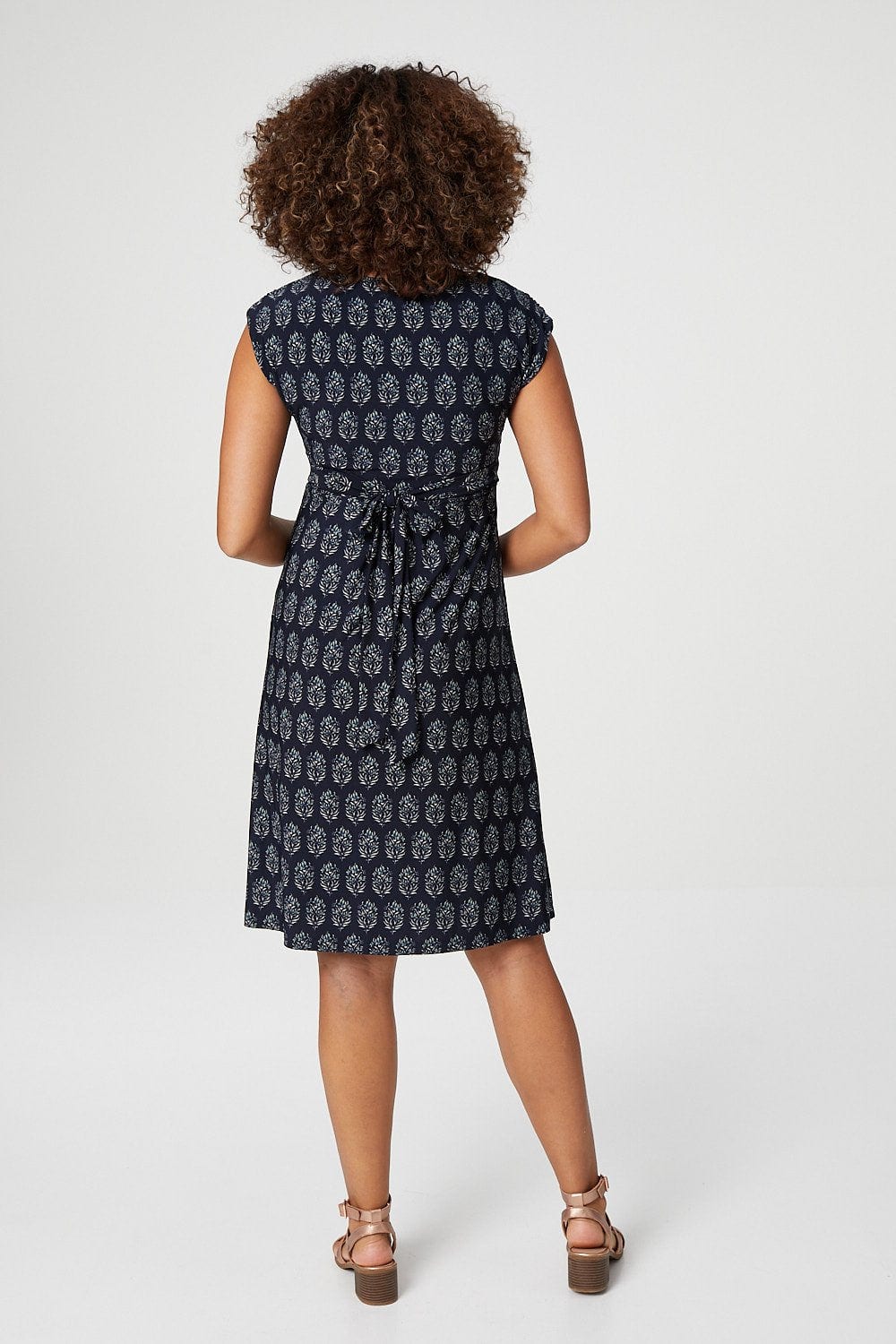 Navy | Floral Tie Front Cap Sleeve Dress