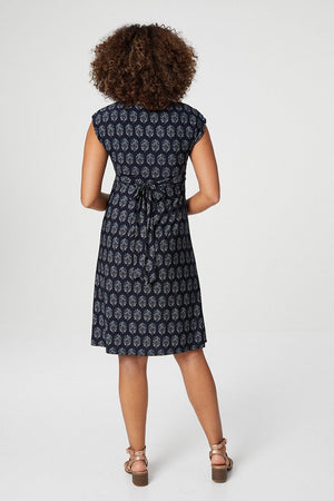 Navy | Floral Tie Front Cap Sleeve Dress